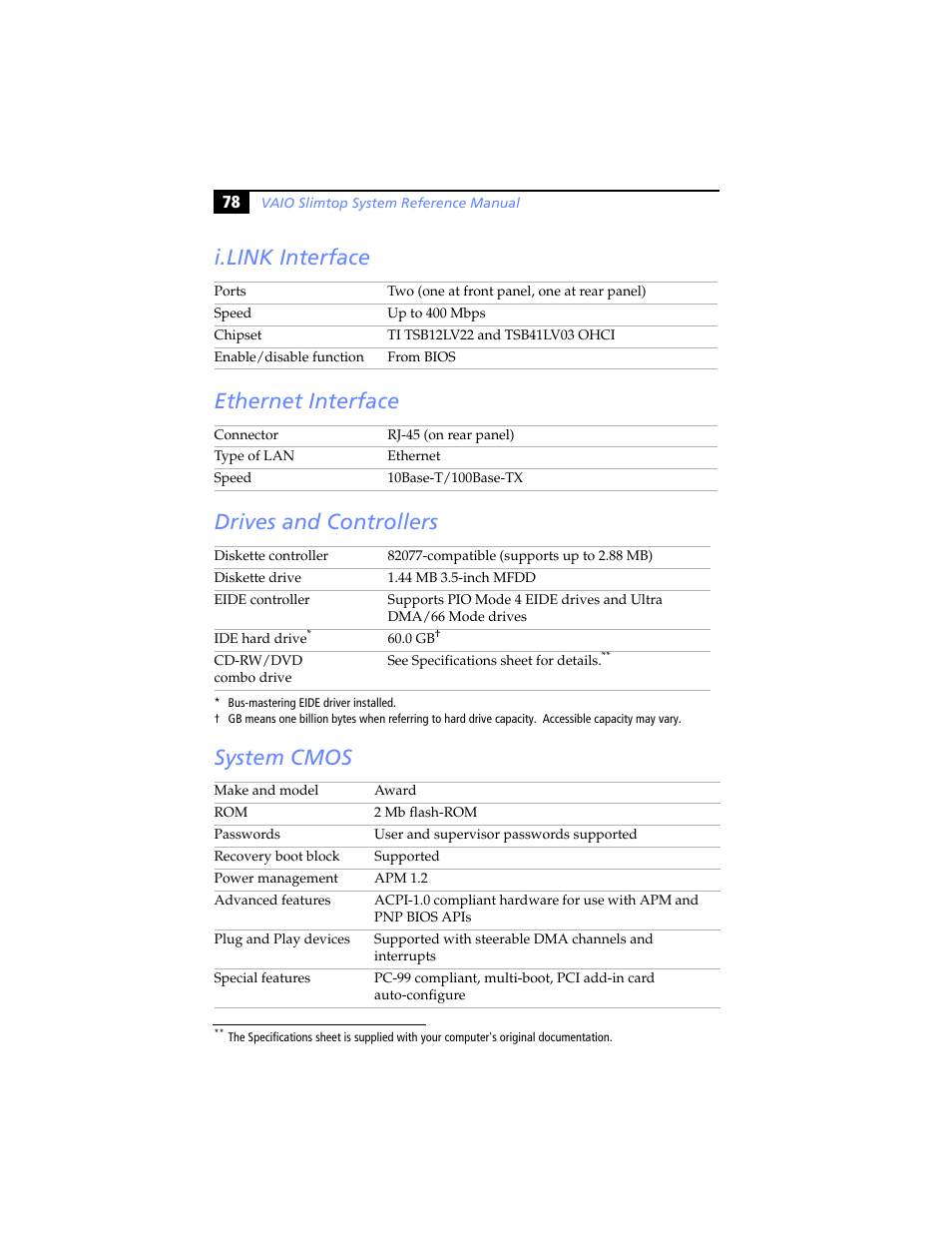 I.link interface, Ethernet interface, Drives and controllers | System cmos, I.link interface ethernet interface, Drives and controllers system cmos | Sony PCV-LX920 User Manual | Page 90 / 94