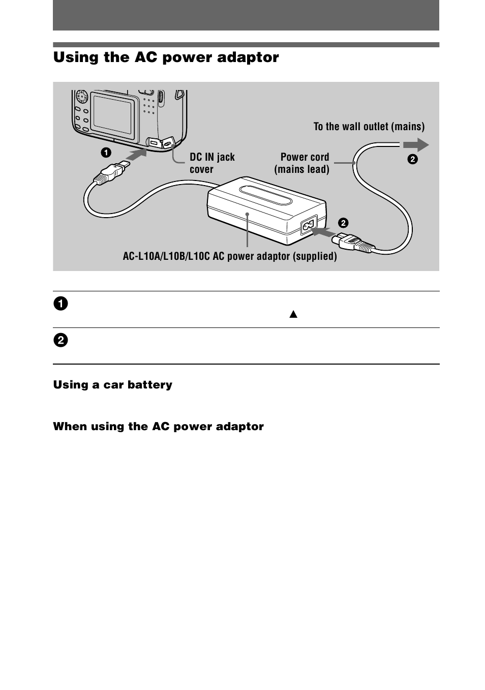 Using the ac power adaptor, 14 using the ac power adaptor | Sony DSC-S75 User Manual | Page 14 / 104