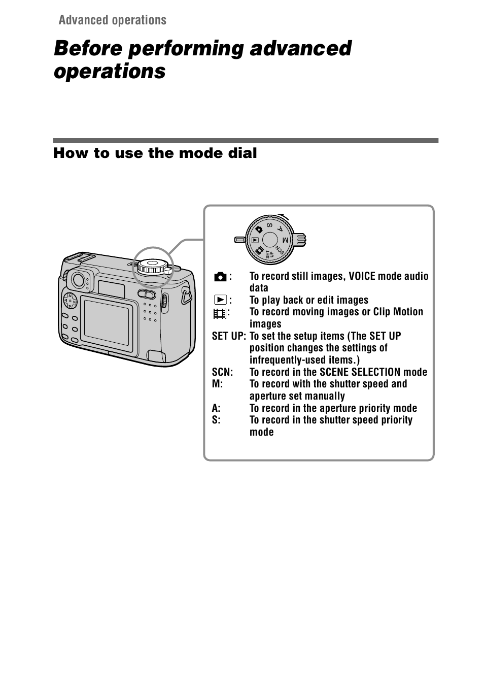 Advanced operations, Before performing advanced operations, How to use the mode dial | Sony DSC-S75 User Manual | Page 40 / 104