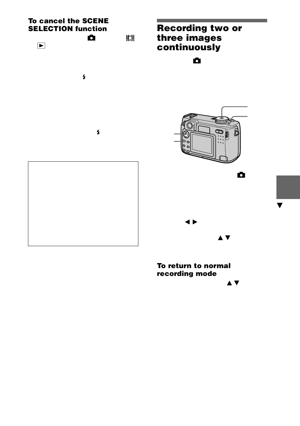 Recording two or three images continuously, Recording two or three images, Continuously | Sony DSC-S75 User Manual | Page 53 / 104