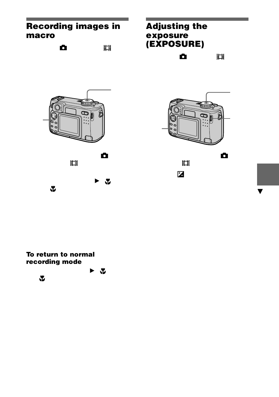Recording images in macro, Adjusting the exposure (exposure), Recording images in macro adjusting the exposure | Exposure), On (61), 61 recording images in macro | Sony DSC-S75 User Manual | Page 61 / 104
