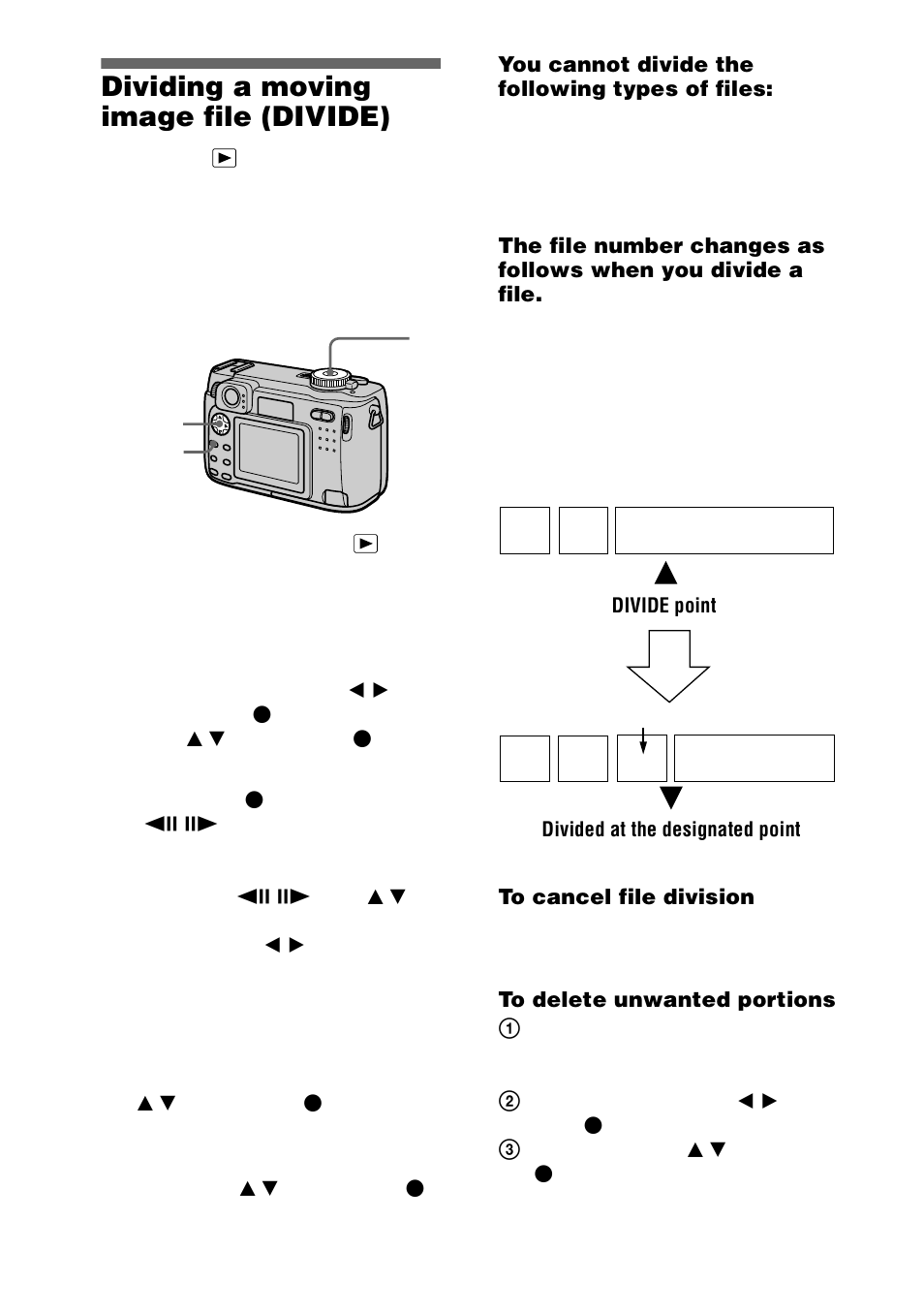 Dividing a moving image file (divide), Dividing a moving image file, Divide) | 78 dividing a moving image file (divide) | Sony DSC-S75 User Manual | Page 78 / 104
