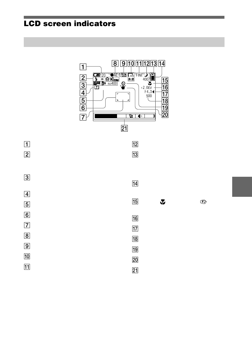 Lcd screen indicators, 99 lcd screen indicators | Sony DSC-S75 User Manual | Page 99 / 104