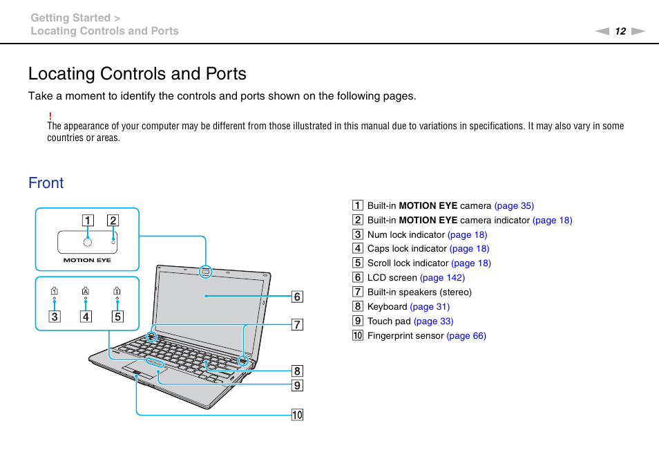 Locating controls and ports, Front | Sony VGN-Z790D User Manual | Page 12 / 205