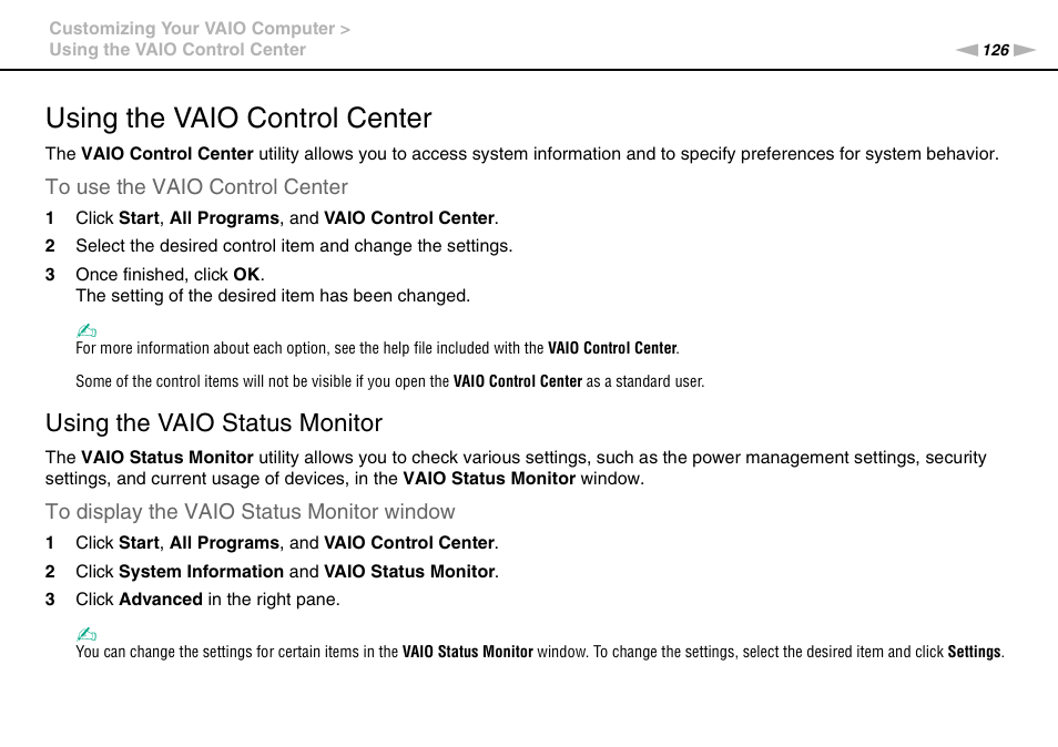 Using the vaio control center, Using the vaio status monitor | Sony VGN-Z790D User Manual | Page 126 / 205