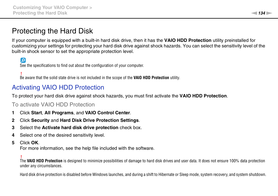 Protecting the hard disk, Activating vaio hdd protection | Sony VGN-Z790D User Manual | Page 134 / 205