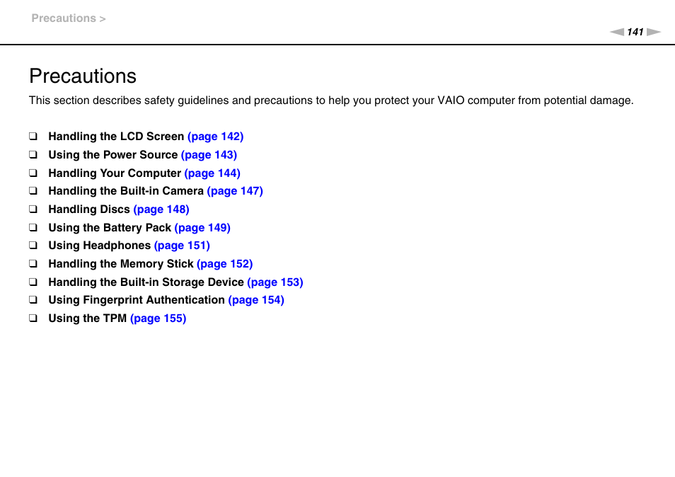 Precautions | Sony VGN-Z790D User Manual | Page 141 / 205