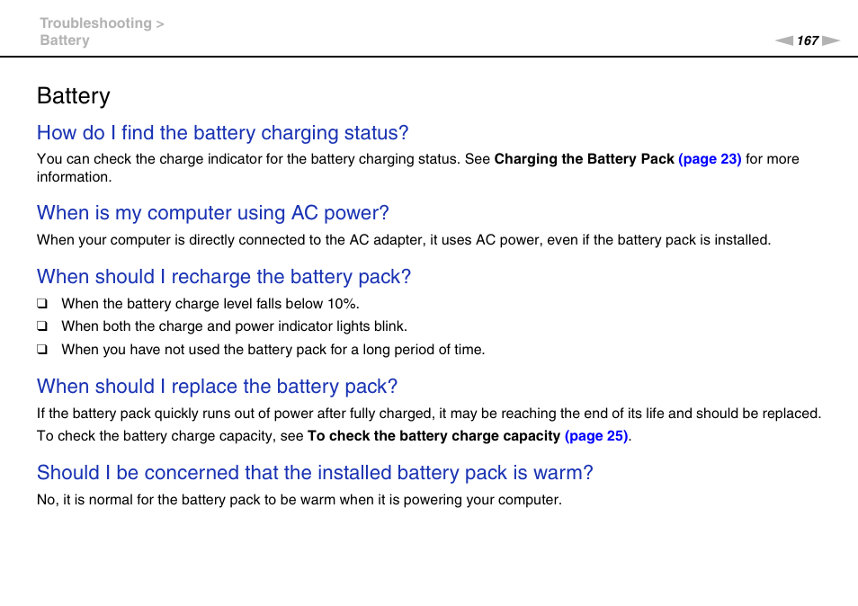 Battery, How do i find the battery charging status, When is my computer using ac power | When should i recharge the battery pack, When should i replace the battery pack | Sony VGN-Z790D User Manual | Page 167 / 205