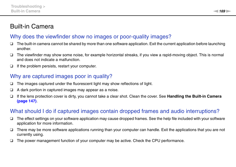 Built-in camera, Why are captured images poor in quality | Sony VGN-Z790D User Manual | Page 169 / 205