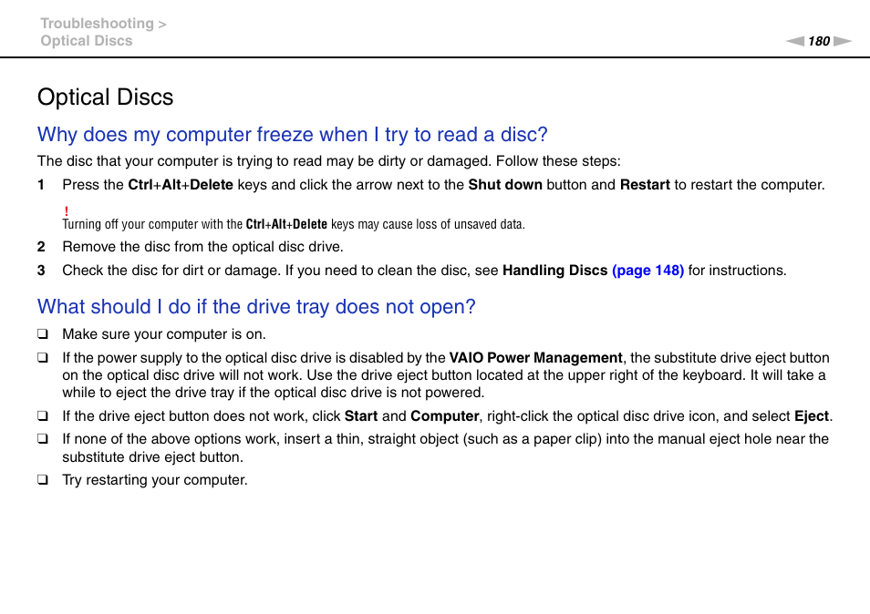 Optical discs, What should i do if the drive tray does not open | Sony VGN-Z790D User Manual | Page 180 / 205