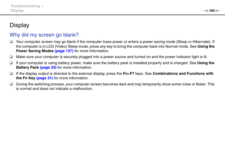 Display, Why did my screen go blank | Sony VGN-Z790D User Manual | Page 184 / 205