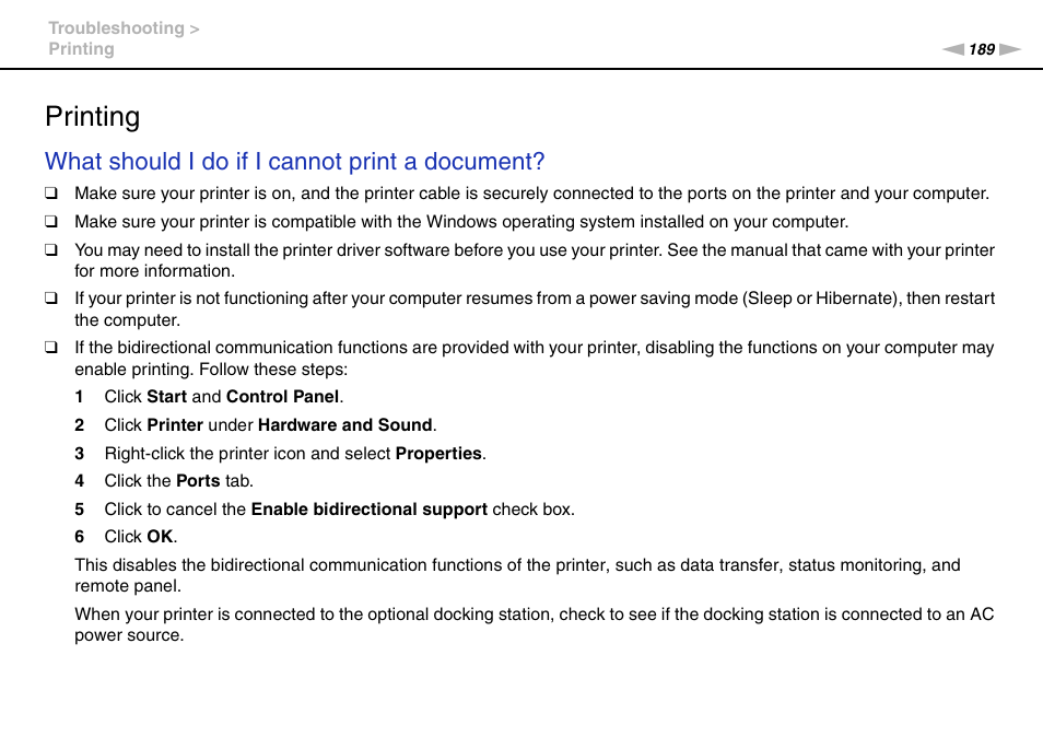 Printing, Inting, What should i do if i cannot print a document | Sony VGN-Z790D User Manual | Page 189 / 205