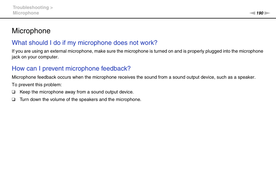 Microphone, What should i do if my microphone does not work, How can i prevent microphone feedback | Sony VGN-Z790D User Manual | Page 190 / 205