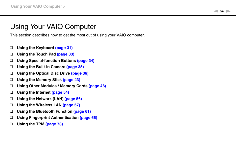 Using your vaio computer | Sony VGN-Z790D User Manual | Page 30 / 205