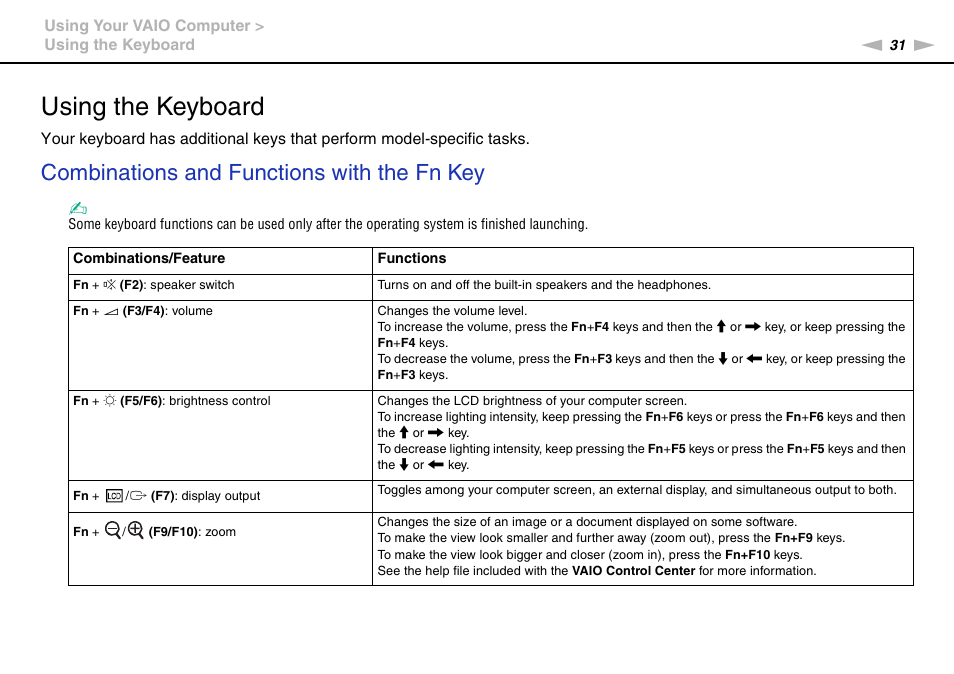 Using the keyboard, Combinations and functions with the fn key | Sony VGN-Z790D User Manual | Page 31 / 205