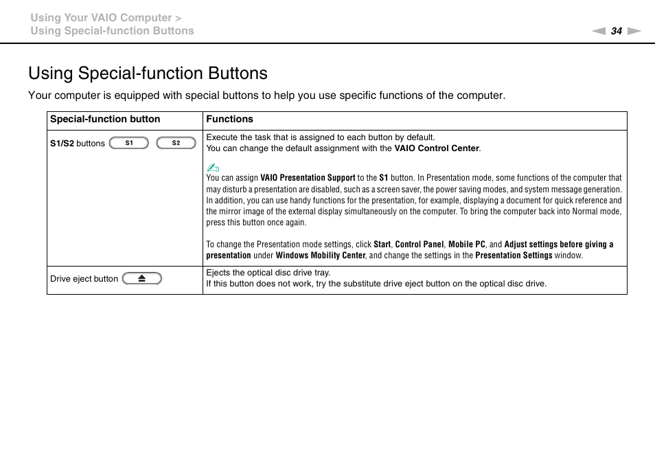 Using special-function buttons | Sony VGN-Z790D User Manual | Page 34 / 205
