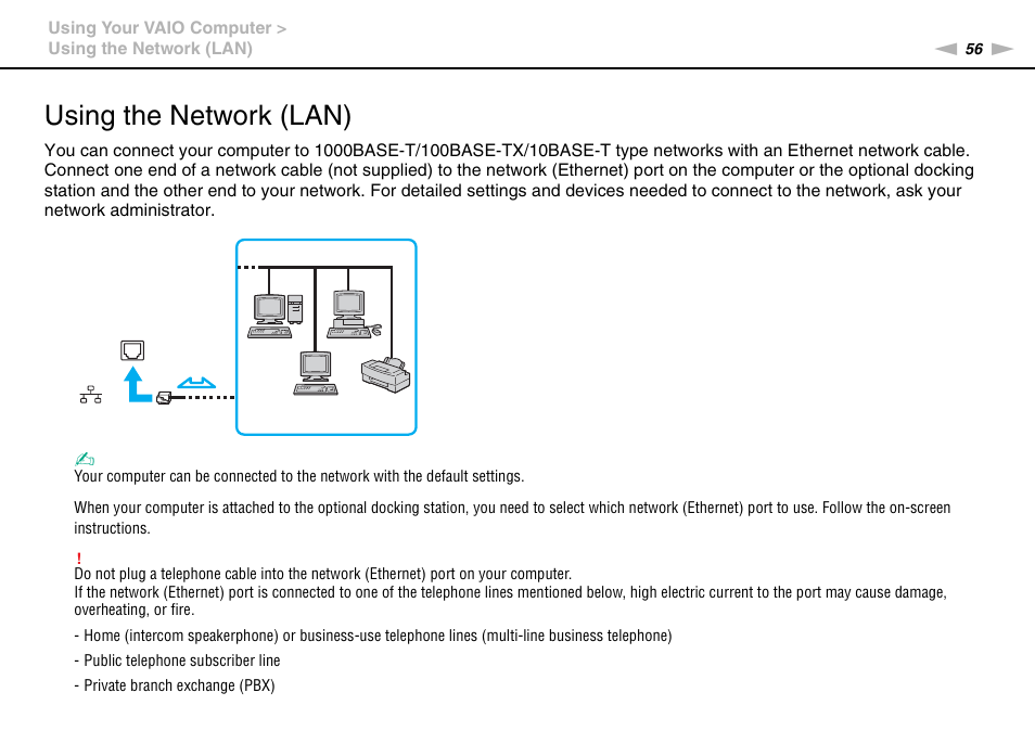 Using the network (lan) | Sony VGN-Z790D User Manual | Page 56 / 205