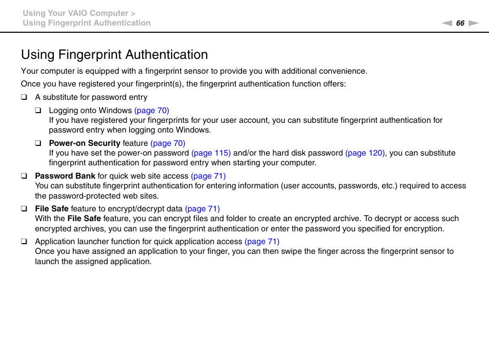 Using fingerprint authentication | Sony VGN-Z790D User Manual | Page 66 / 205