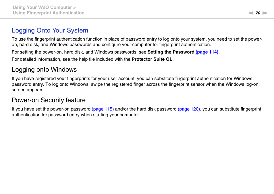 Logging onto your system, Logging onto windows, Power-on security feature | Sony VGN-Z790D User Manual | Page 70 / 205