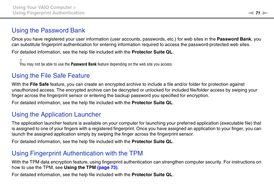 Using the password bank, Using the file safe feature, Using the application launcher | Using fingerprint authentication with the tpm | Sony VGN-Z790D User Manual | Page 71 / 205