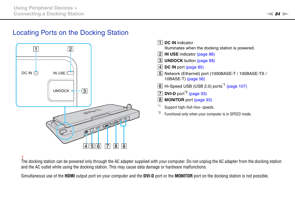 Locating ports on the docking station | Sony VGN-Z790D User Manual | Page 84 / 205