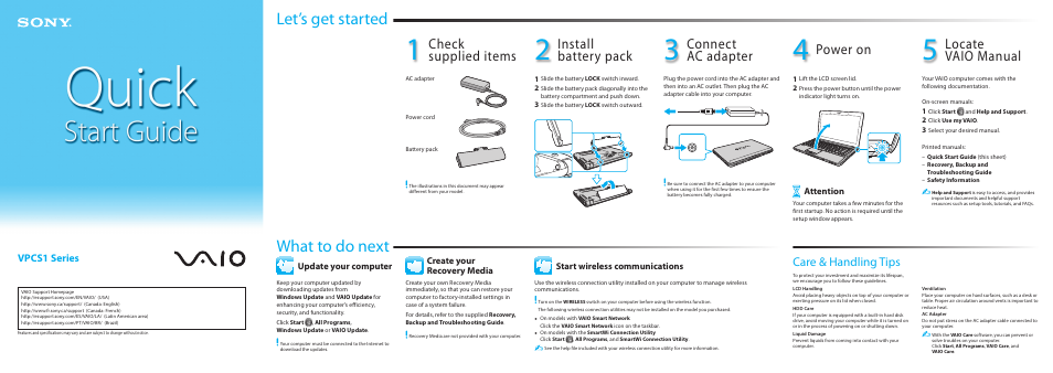 What to do next let’s get started, Install battery pack, Check supplied items | Connect ac adapter, Power on, Locate vaio manual, Care & handling tips, Vpcs1 series | Sony VPCS134GX User Manual | Page 2 / 2