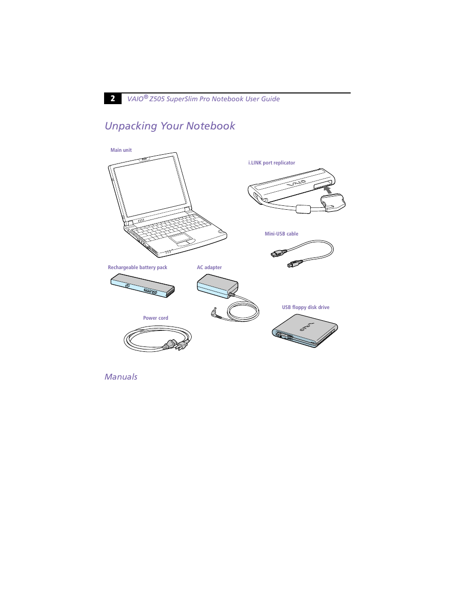 Unpacking your notebook, Manuals | Sony PCG-Z505HE User Manual | Page 12 / 88