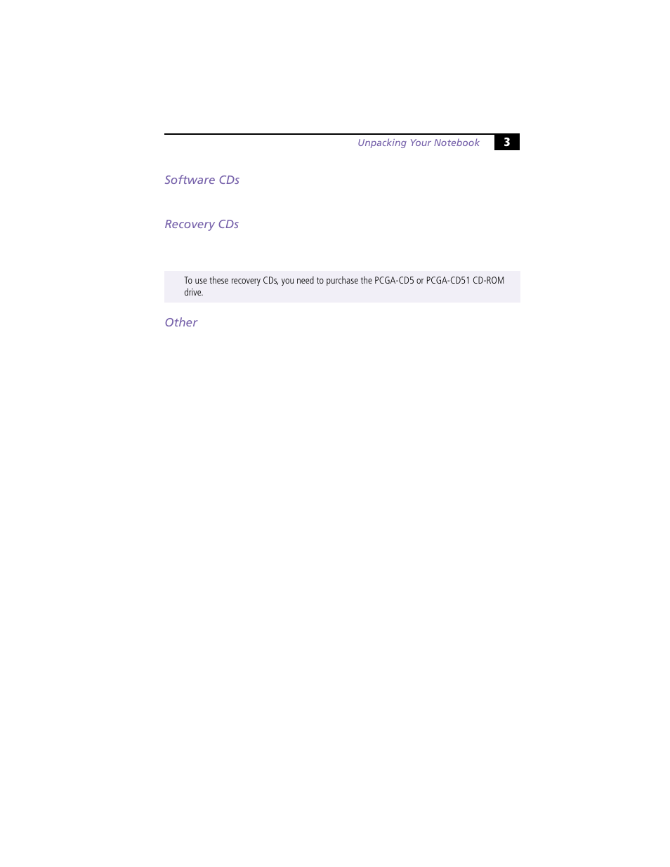 Software cds, Recovery cds, Other | Software cds recovery cds other | Sony PCG-Z505HE User Manual | Page 13 / 88