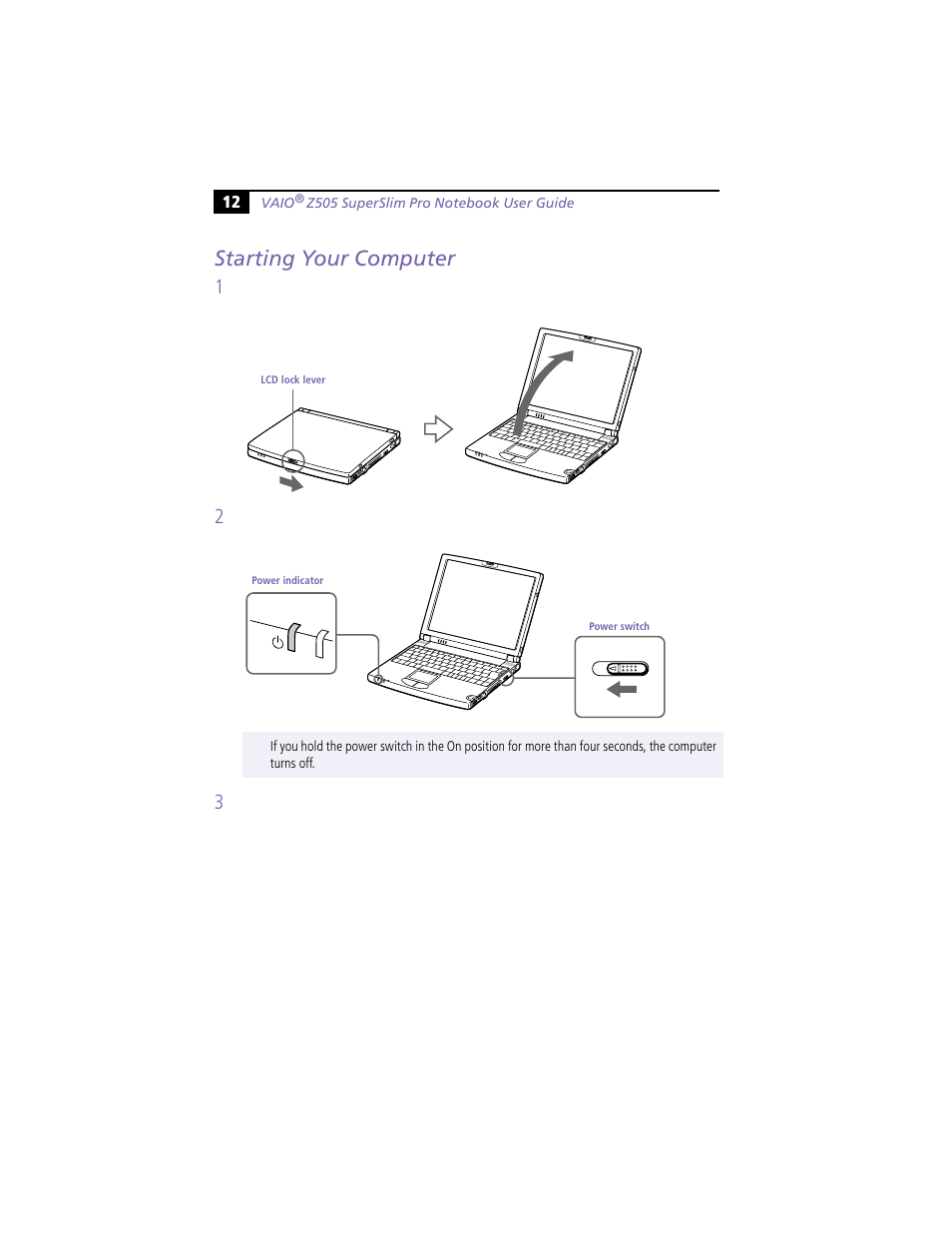 Starting your computer, S 12, 18) | Sony PCG-Z505HE User Manual | Page 22 / 88