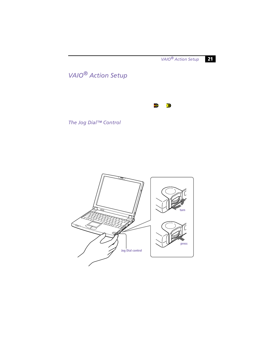 Vaio® action setup, The jog dial™ control, Vaio | Action setup | Sony PCG-Z505HE User Manual | Page 31 / 88