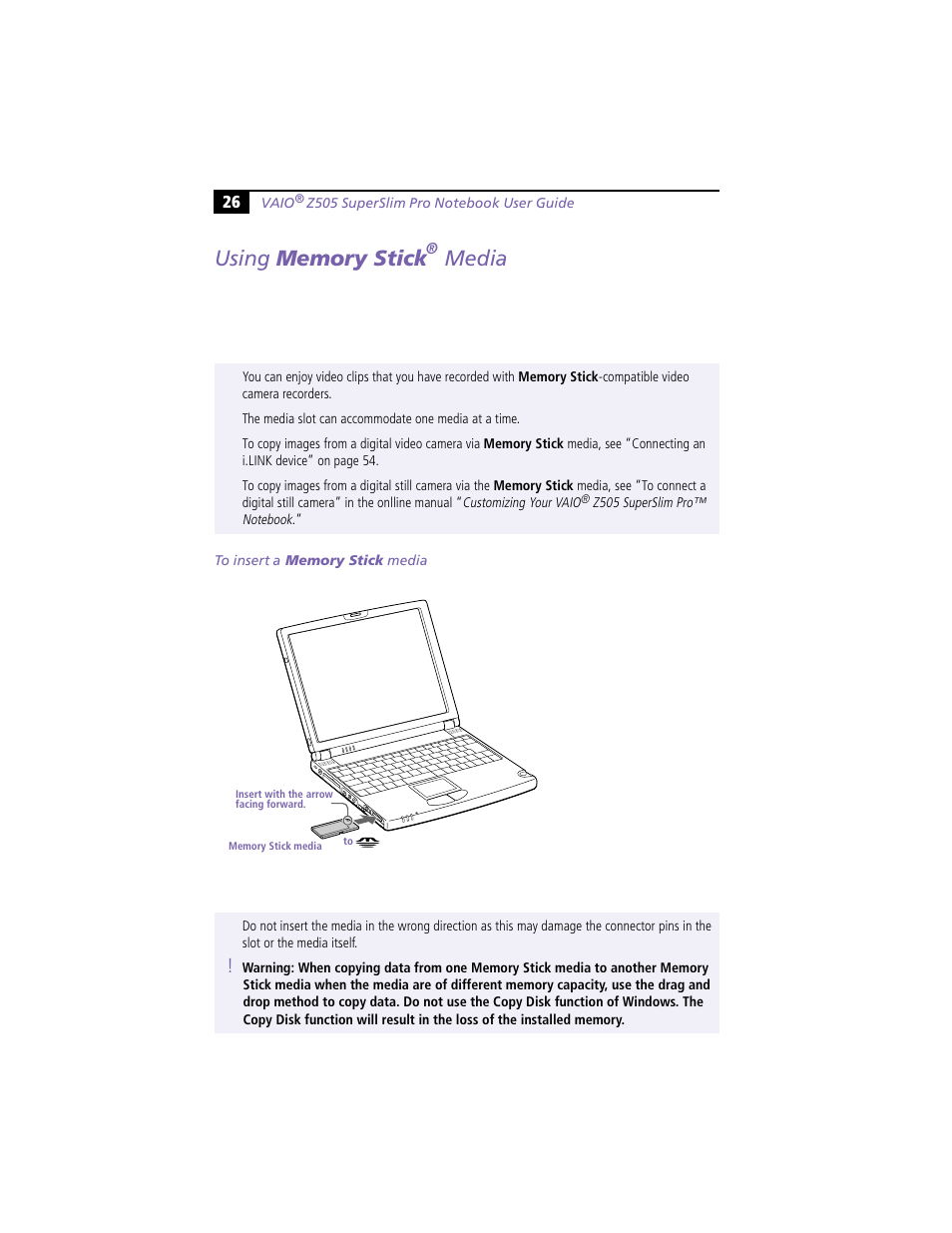 Using memory stick® media, Using memory stick, Media | Sony PCG-Z505HE User Manual | Page 36 / 88