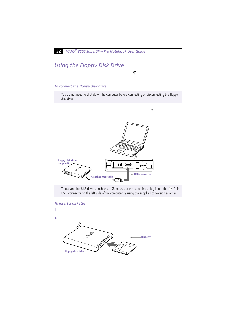 Using the floppy disk drive | Sony PCG-Z505HE User Manual | Page 42 / 88