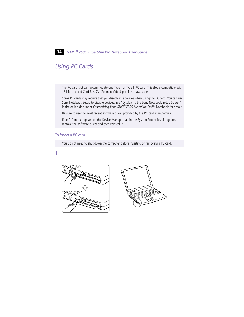 Using pc cards | Sony PCG-Z505HE User Manual | Page 44 / 88