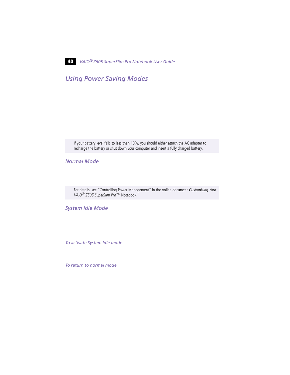 Using power saving modes, Normal mode, System idle mode | Normal mode system idle mode | Sony PCG-Z505HE User Manual | Page 50 / 88