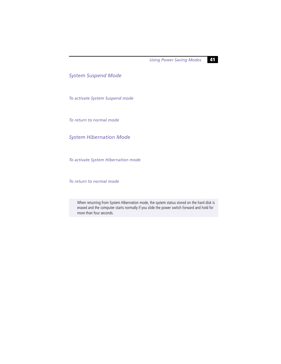 System suspend mode, System hibernation mode, System suspend mode system hibernation mode | Sony PCG-Z505HE User Manual | Page 51 / 88