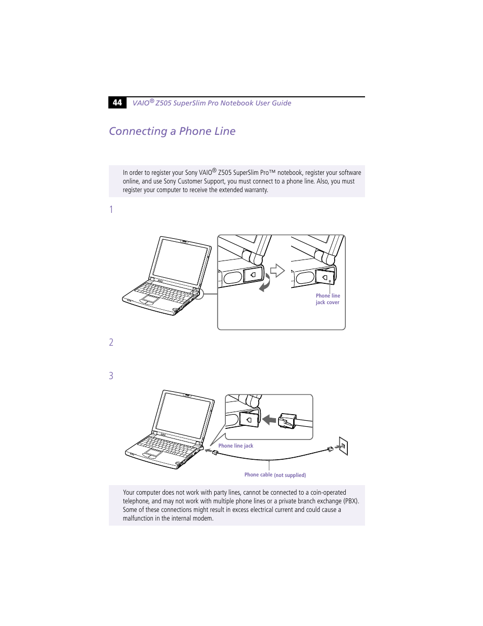 Connecting a phone line | Sony PCG-Z505HE User Manual | Page 54 / 88