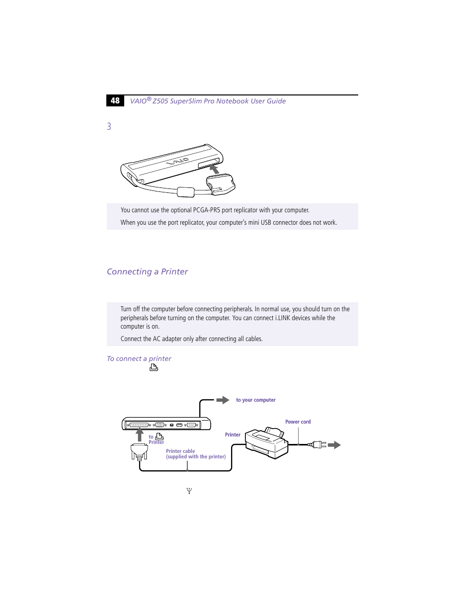 Connecting a printer | Sony PCG-Z505HE User Manual | Page 58 / 88