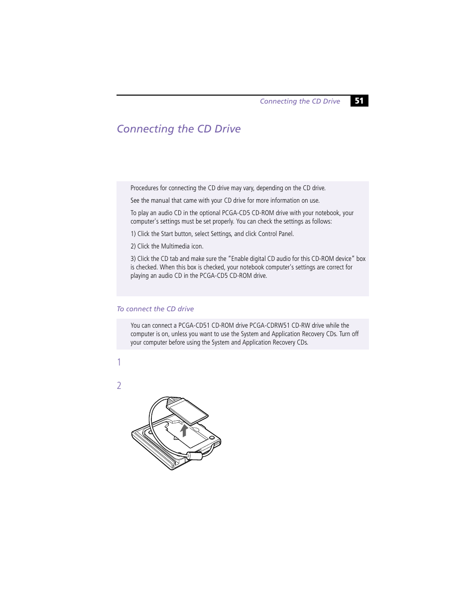 Connecting the cd drive | Sony PCG-Z505HE User Manual | Page 61 / 88