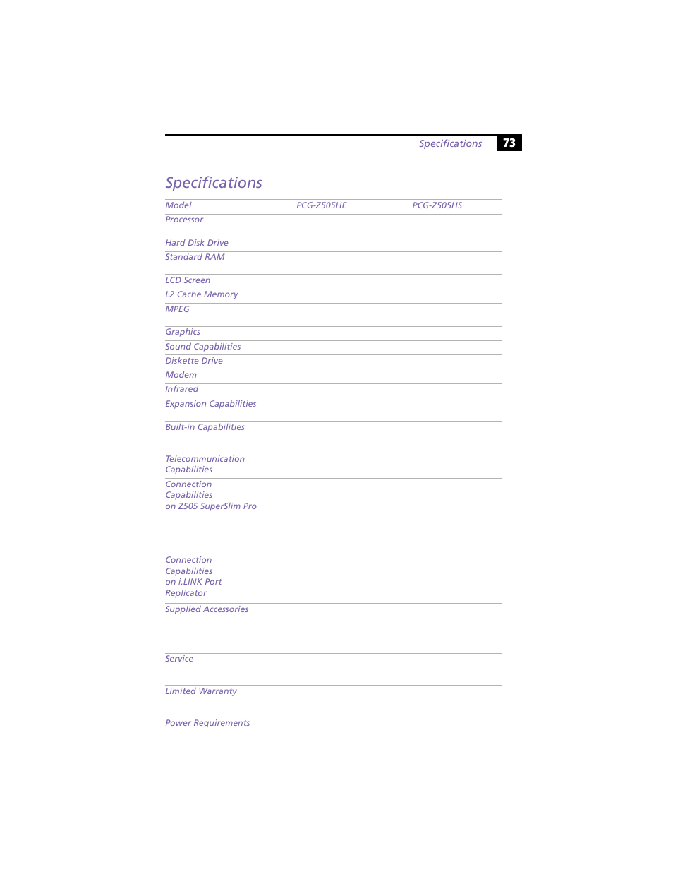 Specifications | Sony PCG-Z505HE User Manual | Page 83 / 88