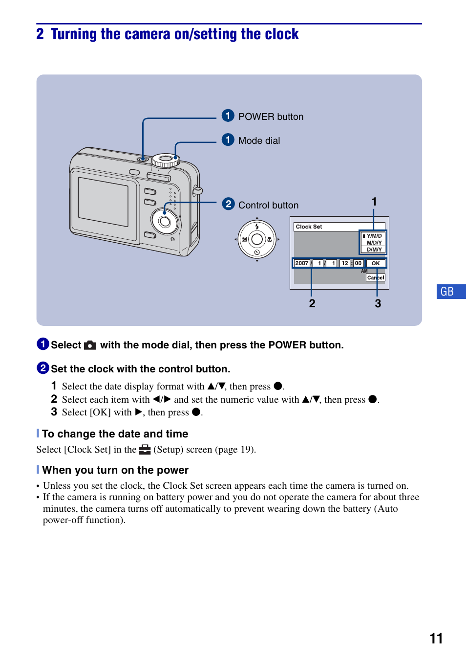 2 turning the camera on/setting the clock | Sony DSC-S650 User Manual | Page 11 / 64