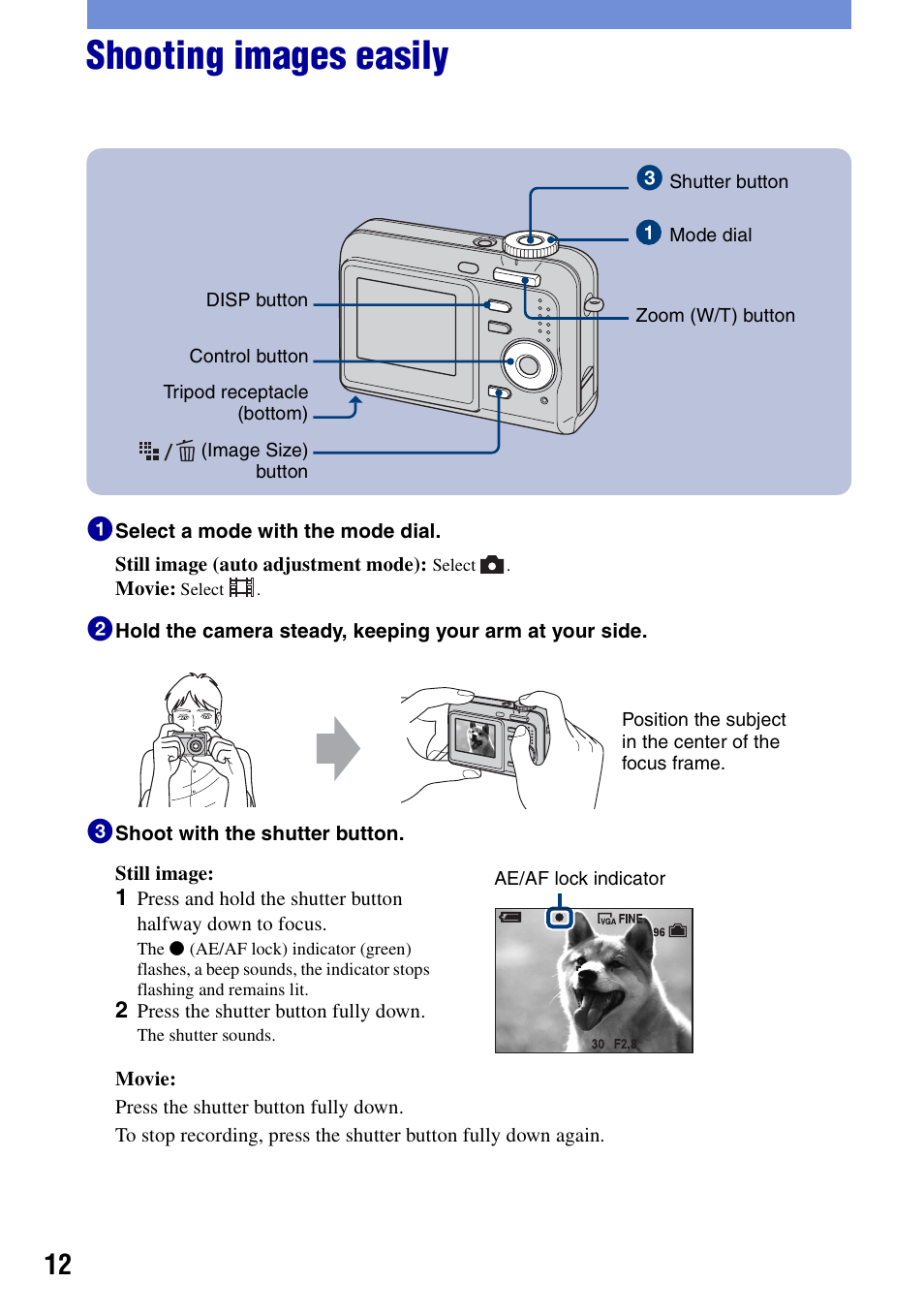 Shooting images easily | Sony DSC-S650 User Manual | Page 12 / 64