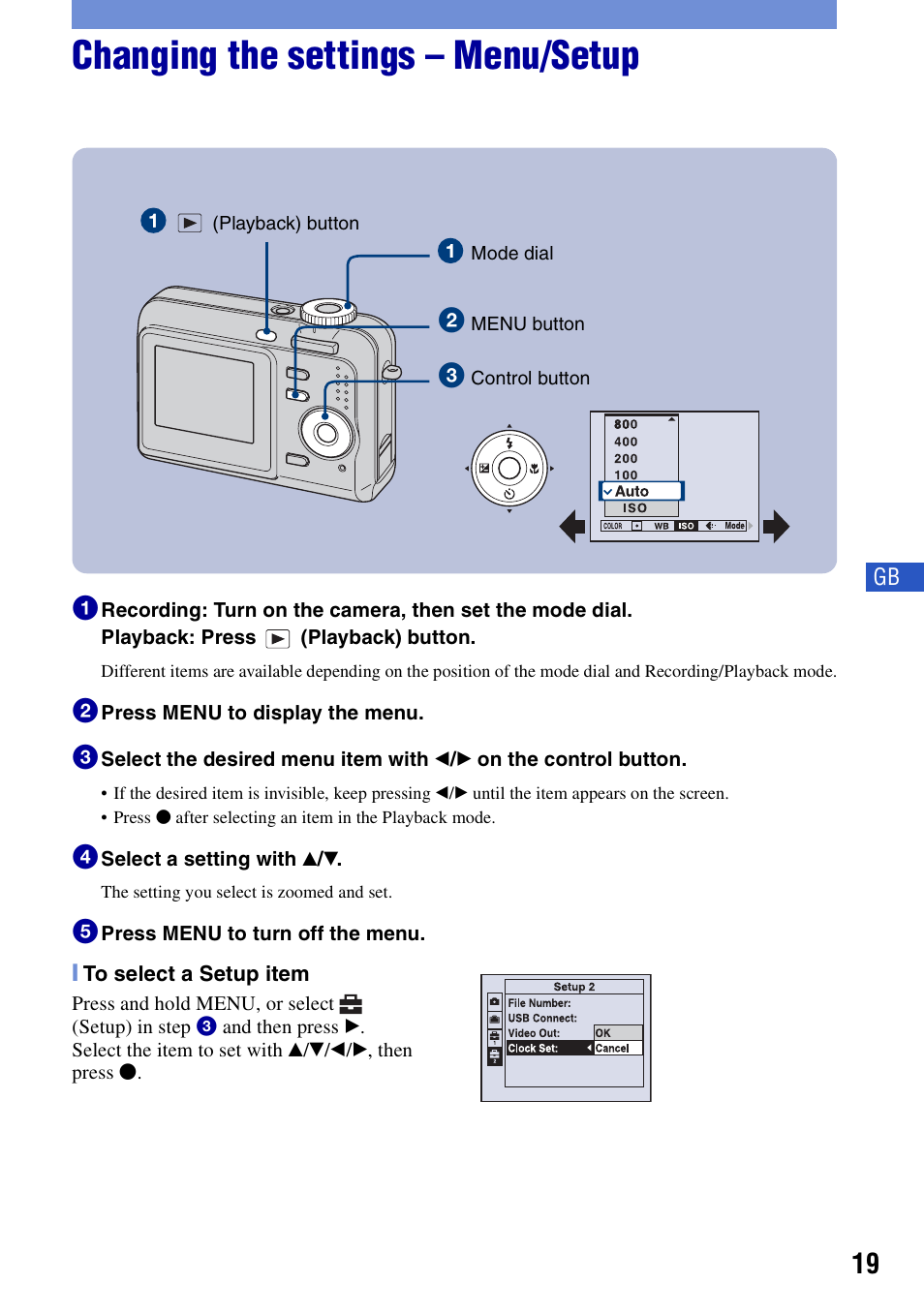 Changing the settings - menu/setup, Changing the settings – menu/setup | Sony DSC-S650 User Manual | Page 19 / 64