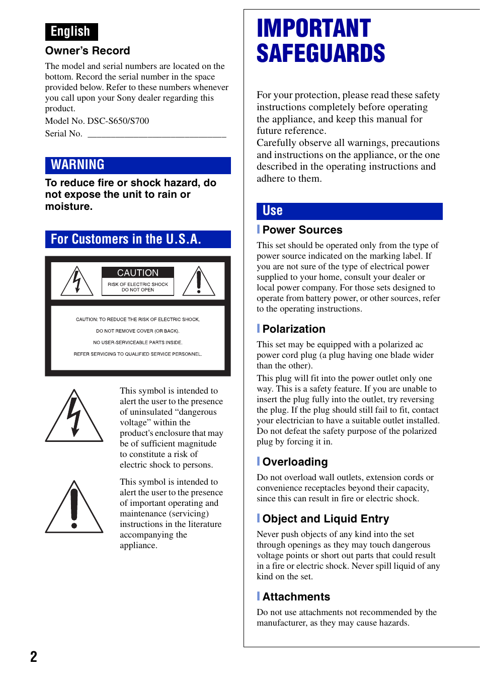 Important safeguards, English warning for customers in the u.s.a | Sony DSC-S650 User Manual | Page 2 / 64