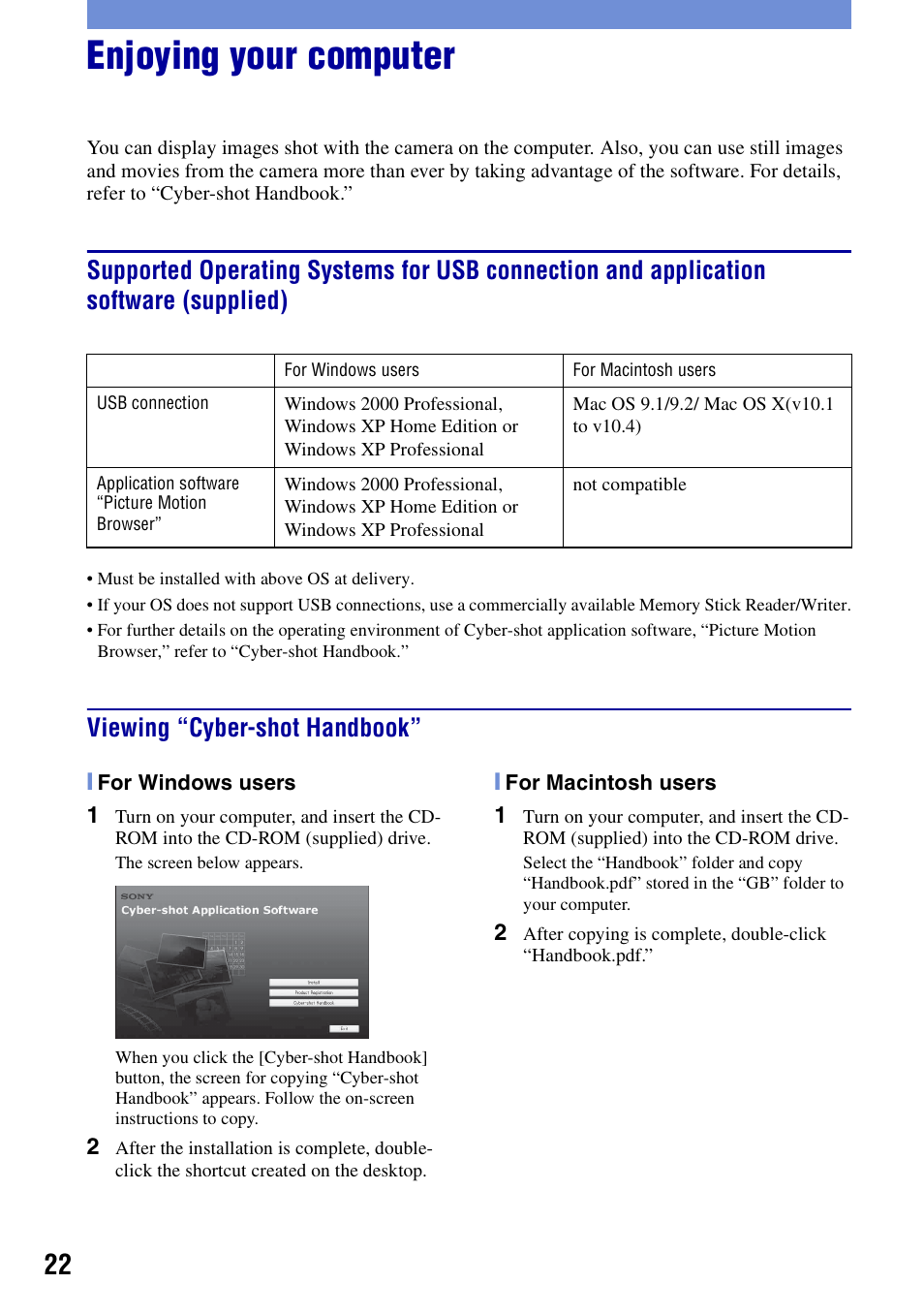 Enjoying your computer, Viewing “cyber-shot handbook | Sony DSC-S650 User Manual | Page 22 / 64