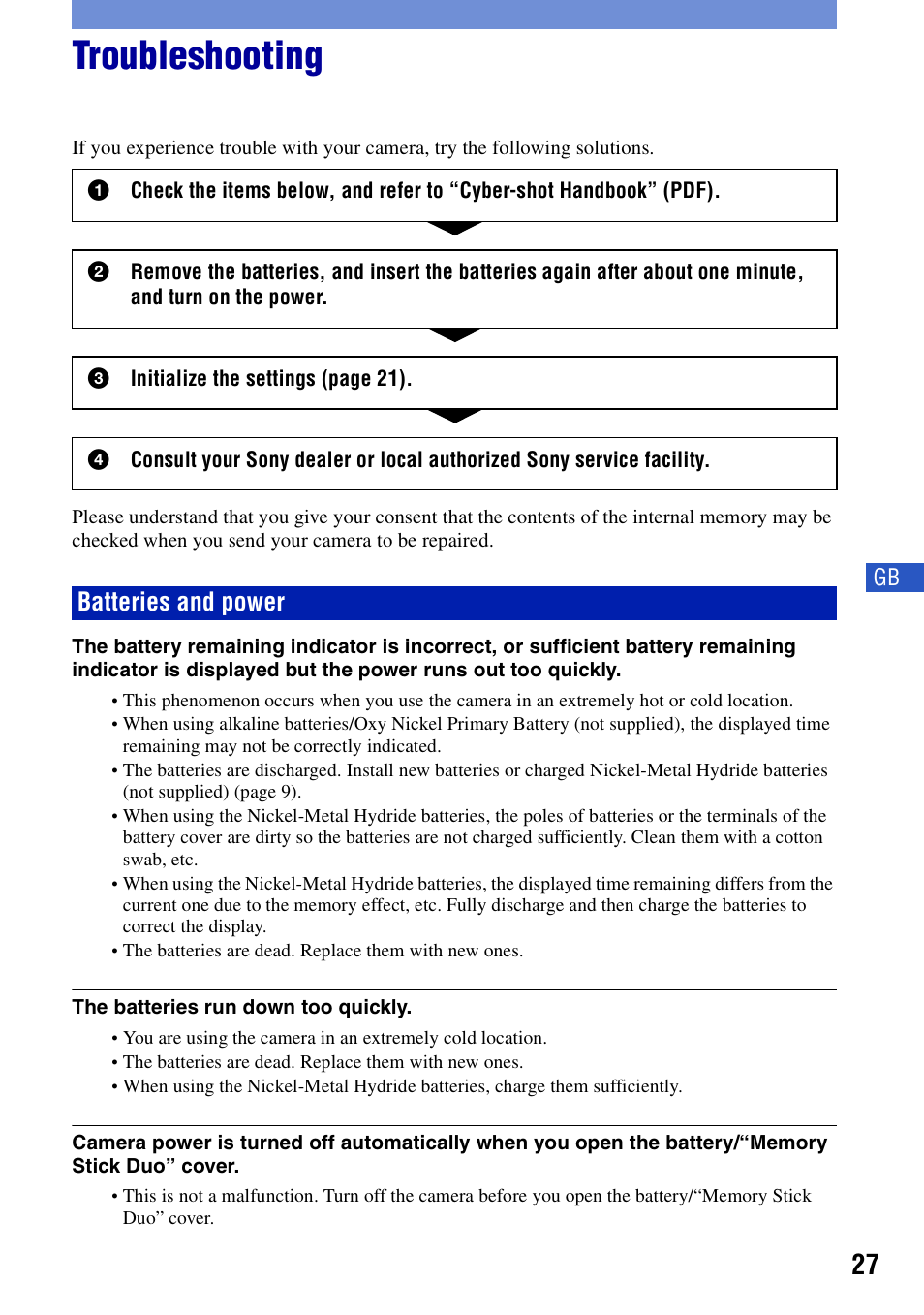 Troubleshooting, Batteries and power | Sony DSC-S650 User Manual | Page 27 / 64