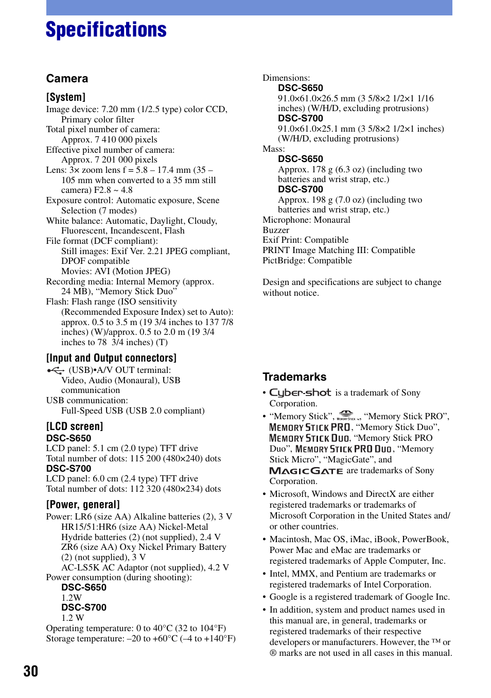 Specifications | Sony DSC-S650 User Manual | Page 30 / 64