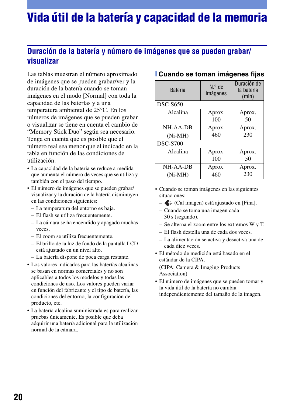 Vida útil de la batería y capacidad de la memoria | Sony DSC-S650 User Manual | Page 50 / 64