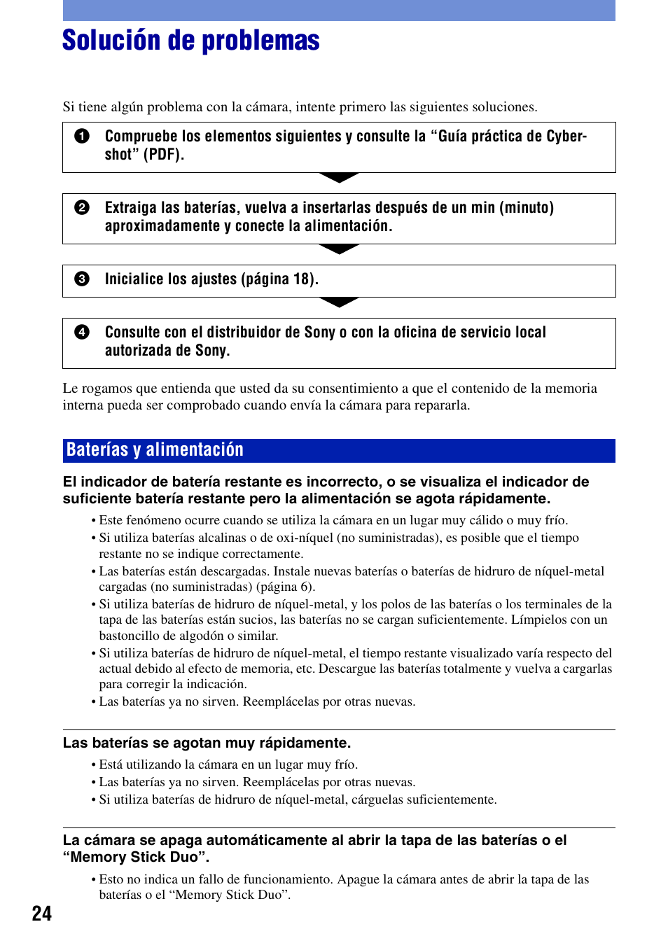 Solución de problemas, Baterías y alimentación | Sony DSC-S650 User Manual | Page 54 / 64