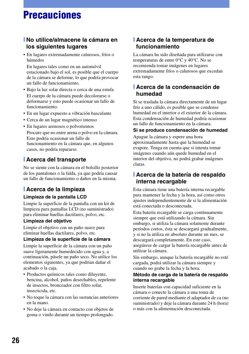 Precauciones | Sony DSC-S650 User Manual | Page 56 / 64