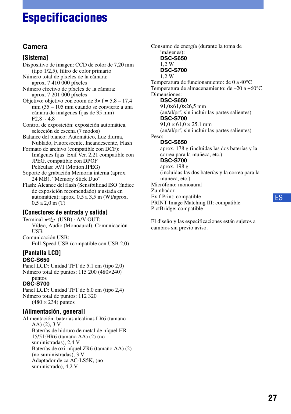 Especificaciones | Sony DSC-S650 User Manual | Page 57 / 64